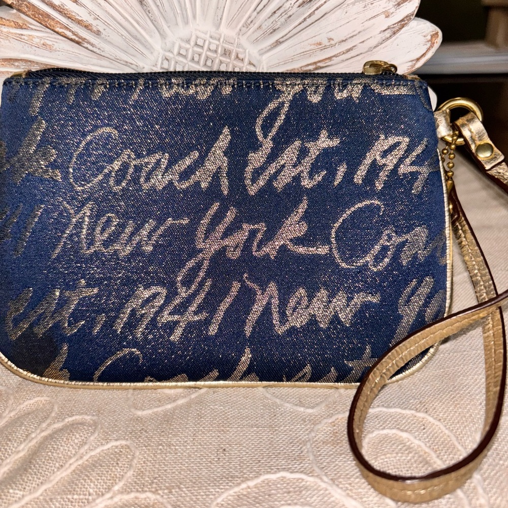 Coach EUC “1941" Blue and Gold Script Wristlet - Picture 2 of 6